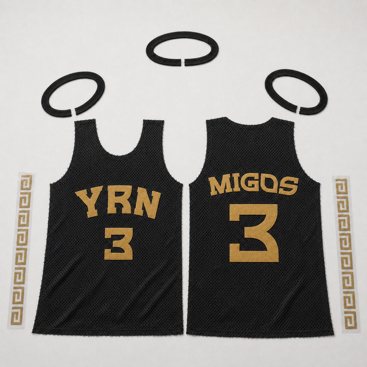 Exploded view of the Migos jersey mid-assembly — body, rib-knit rings, twill lettering and QC patch separated.