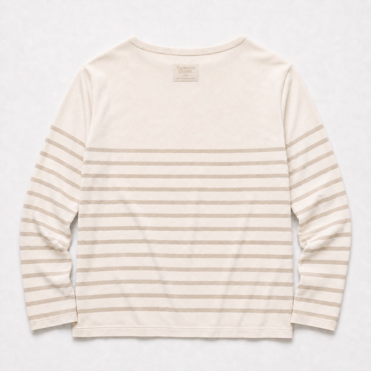 L'Auberge Carmel Breton long-sleeve, back — matched stripes, tone-on-tone woven label at the upper back.