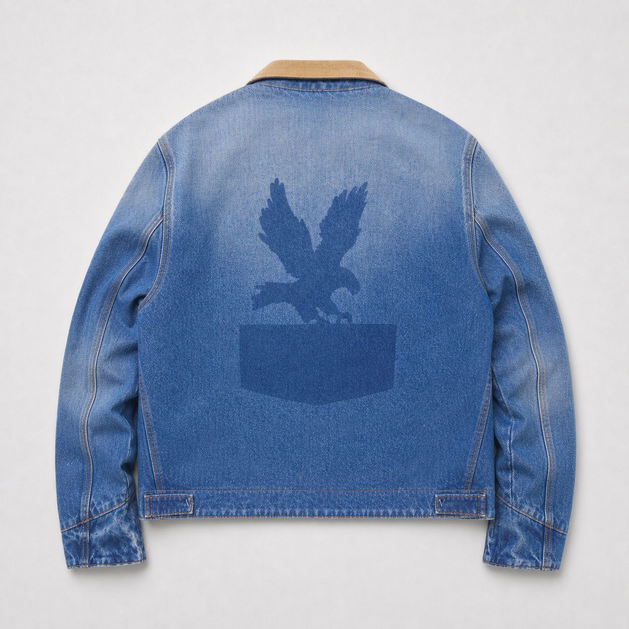 Cherry LA sun-faded denim work jacket, back — eagle-and-pocket ghost patch in the faded ground.