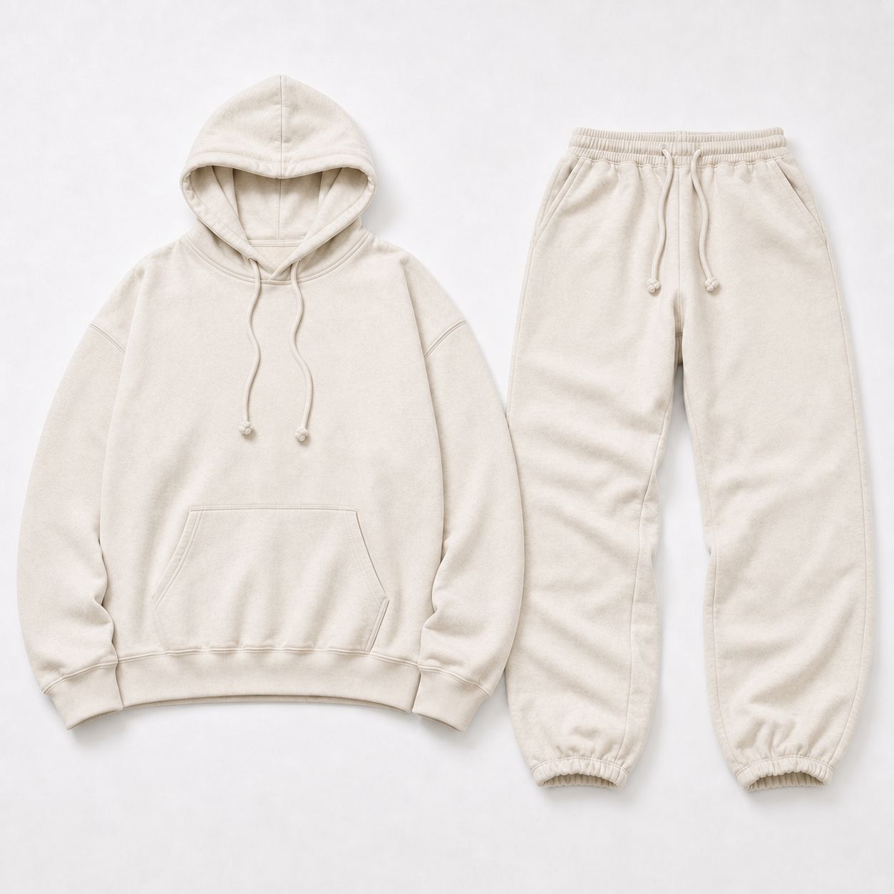 Unprinted cream heavyweight fleece hoodie and sweatpants before the print run.