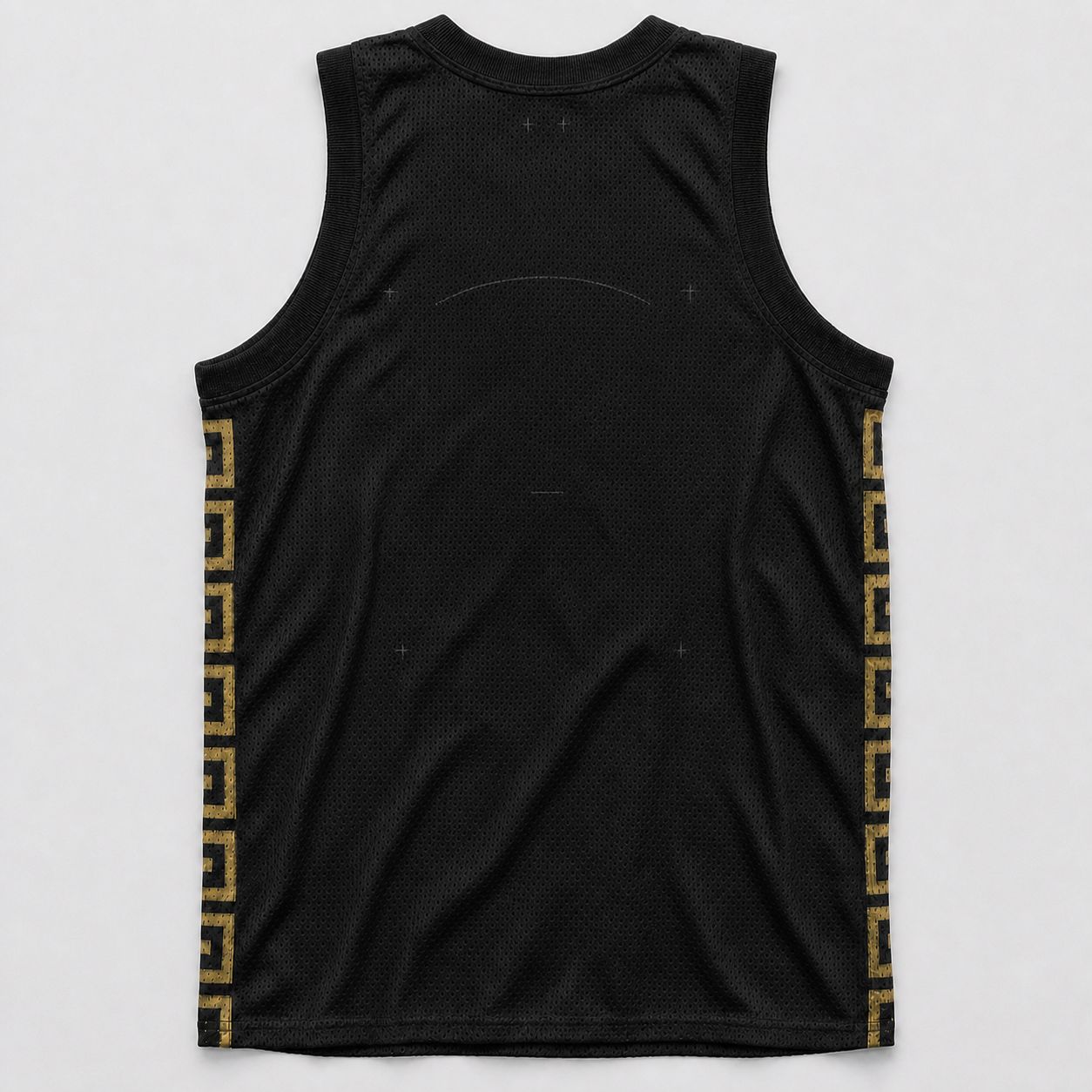 Black mesh jersey body with gold vinyl side columns, back, before twill and embroidery.