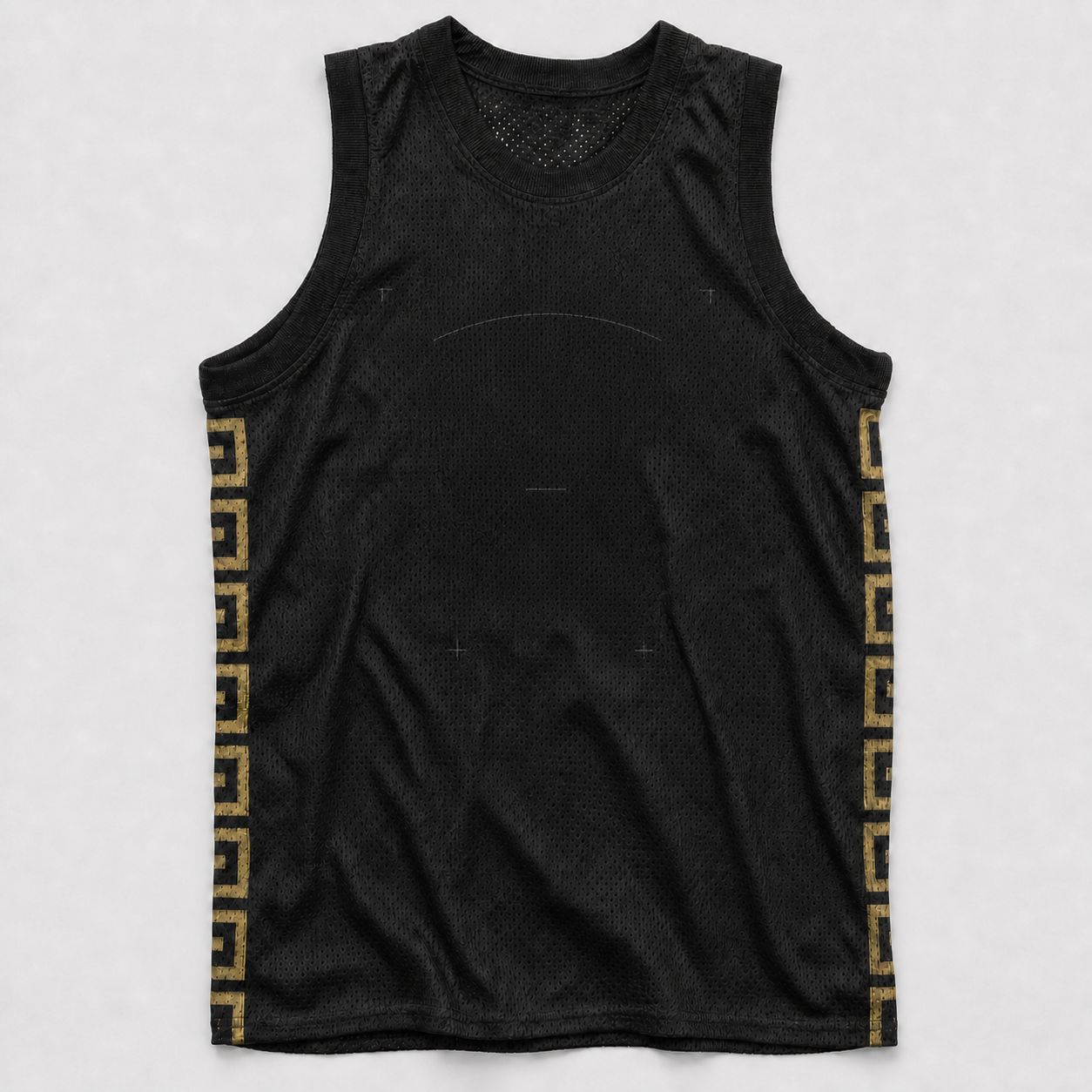 Black mesh jersey body with gold vinyl side columns, front, before twill and embroidery.