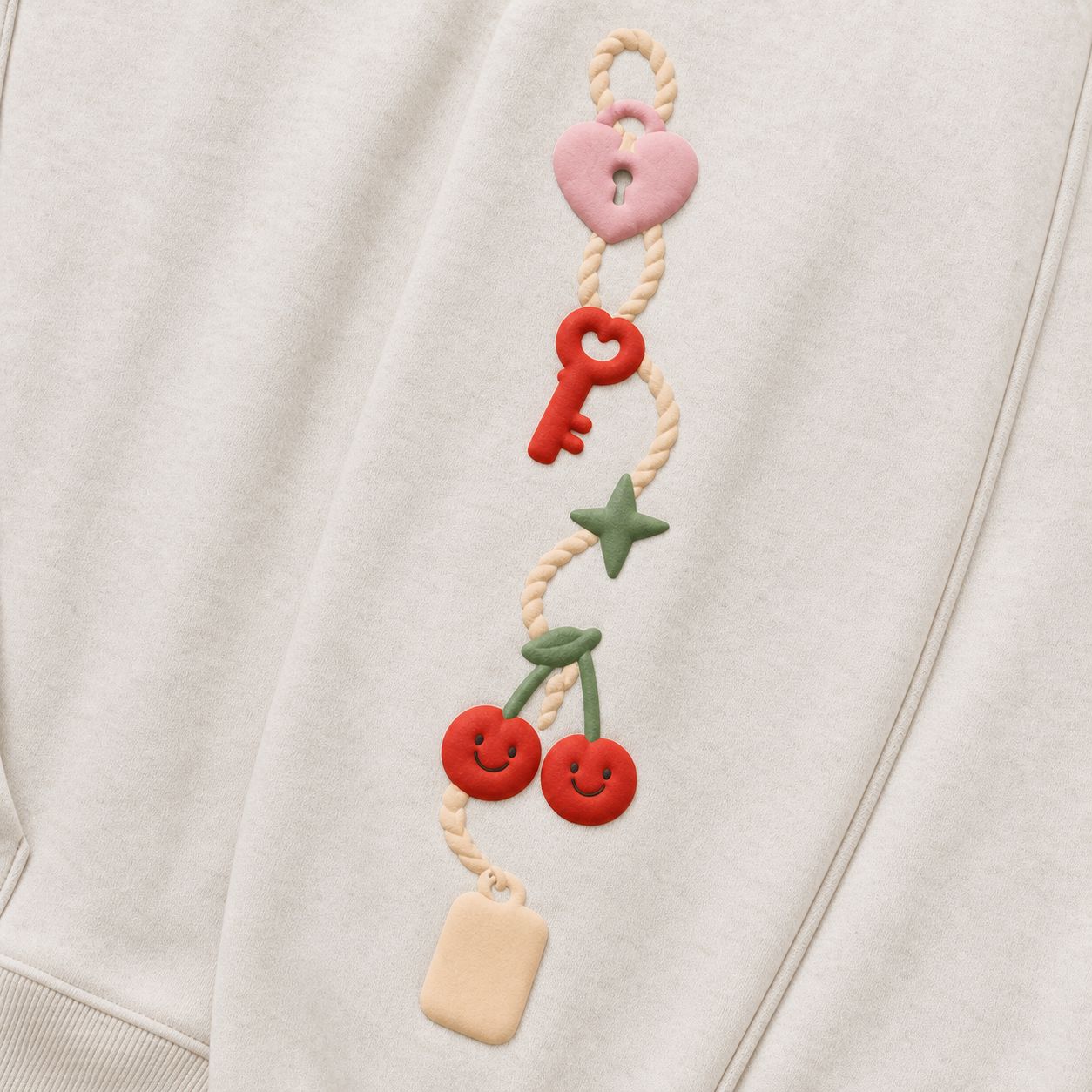 Cream rope charm chain in 3D puff — heart padlock, key, star, smiley cherries, hang tag — down the left sleeve, macro.