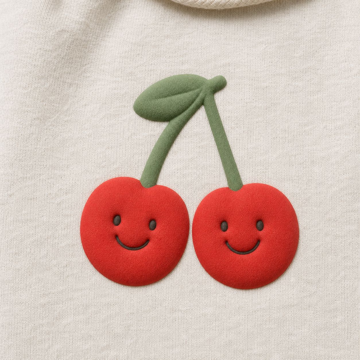Red smiley cherry pair with green stem and leaf in 3D puff on cream fleece, macro.