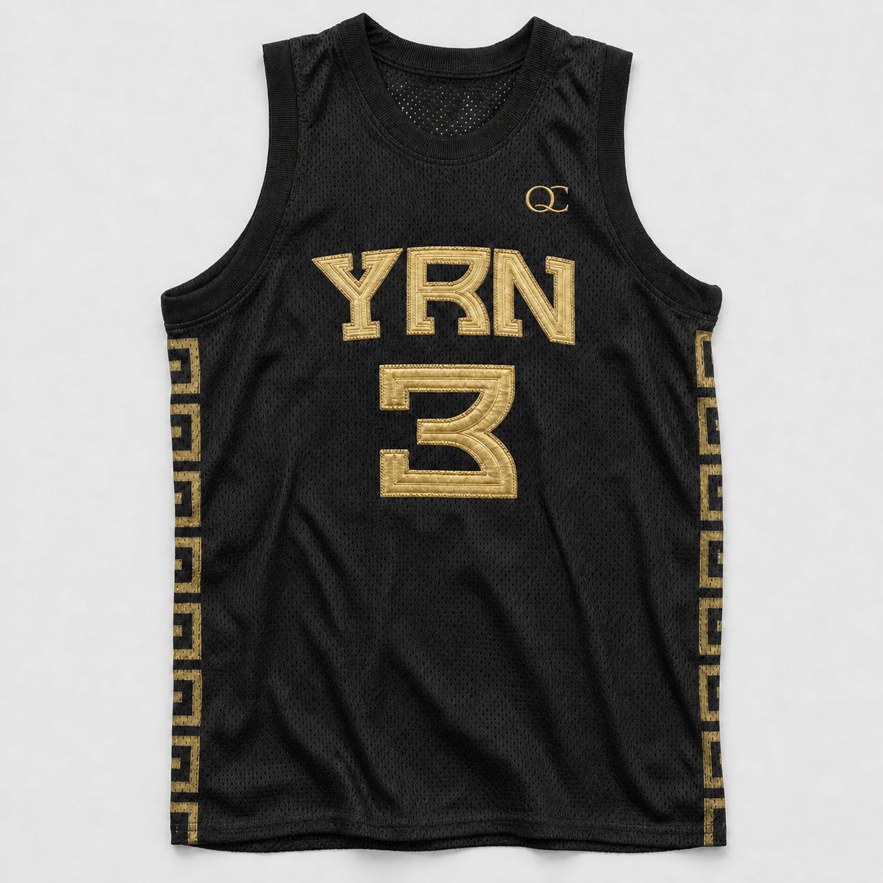 Migos basketball jersey by Studio ATM, front — metallic gold tackle twill YRN and 3 on black mesh.