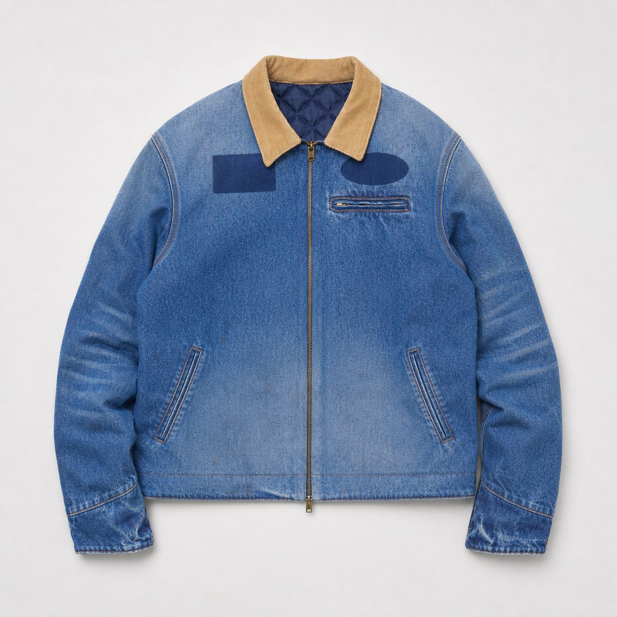 Cherry LA sun-faded denim work jacket by Studio ATM — corduroy collar, ghost patches, cherry rivets.