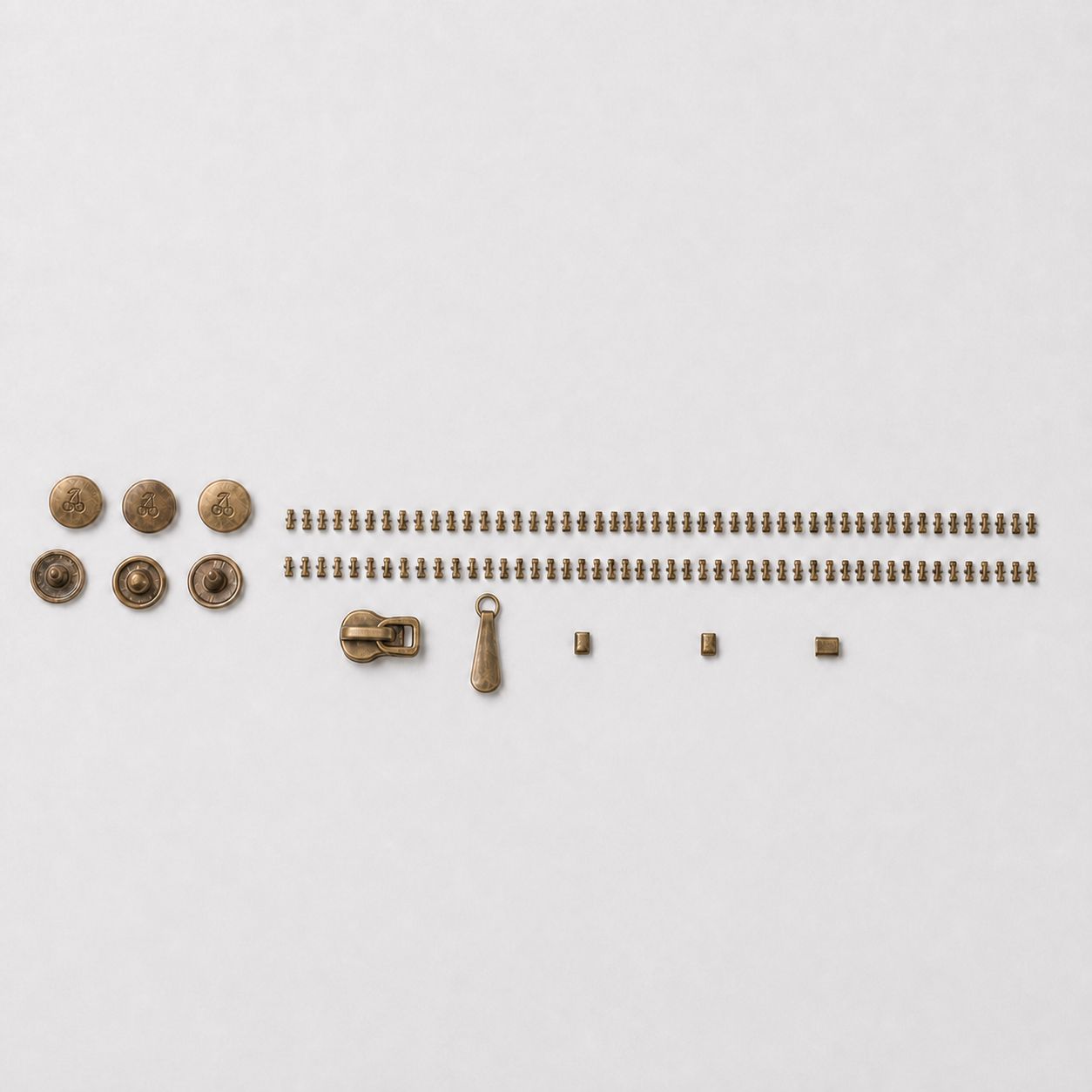 Cherry rivets and isolated chest-zipper hardware, exploded, no fabric.