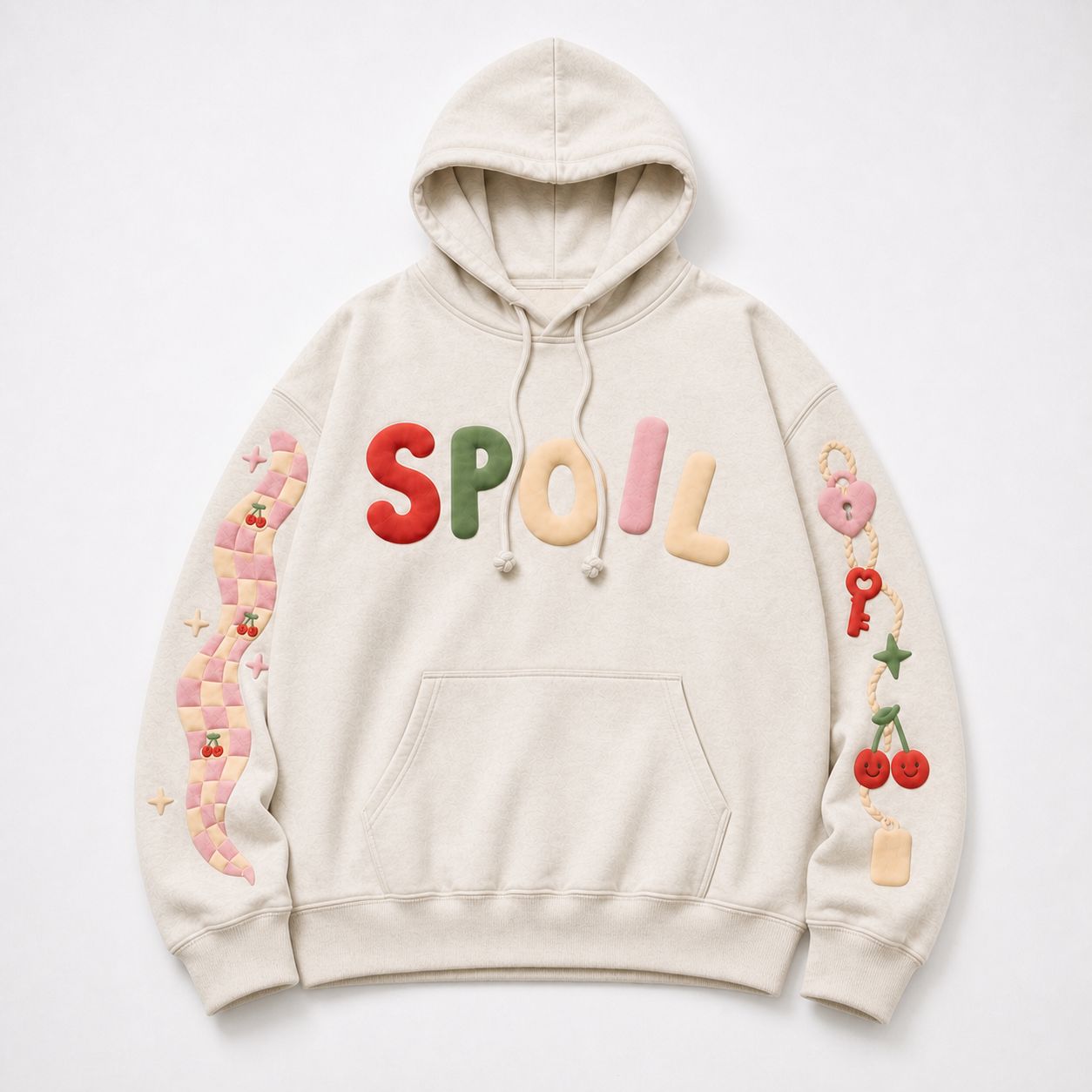 Spoil hoodie alone, front — SPOIL puff arc, charm chain and checker wave sleeves.