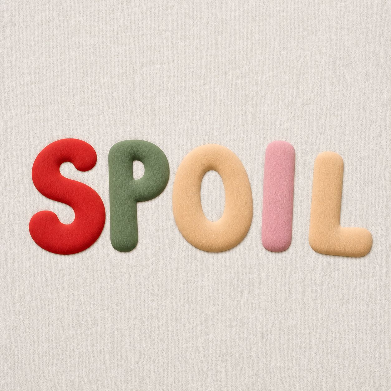 SPOIL chest arc in 3D puff, letters alternating cherry red, sage, butter, and blush on cream fleece, macro.