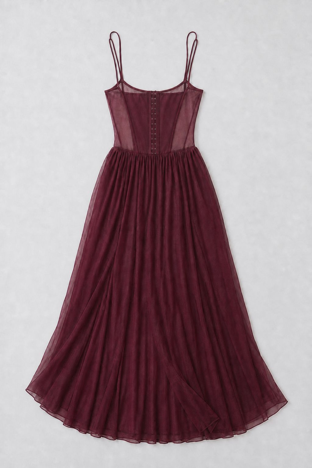 Back of the Dahlia gown - center-back hook-and-eye closure running the length of the semi-sheer boned bodice