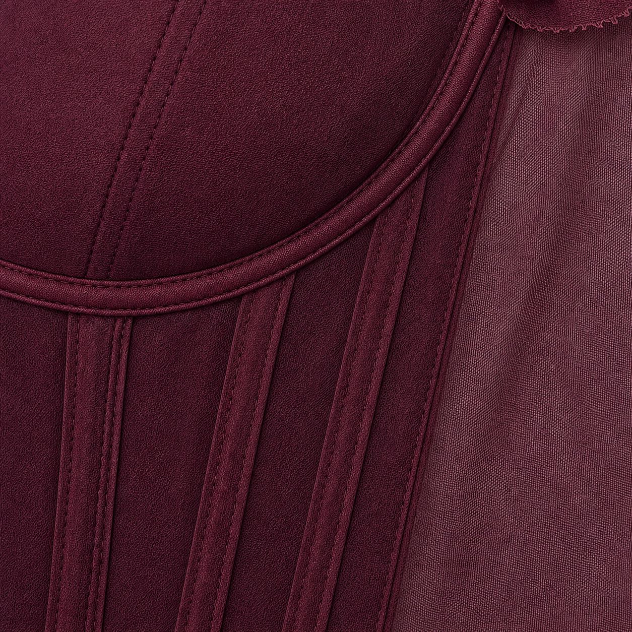 Macro of the Dahlia gown foundation corselette - smooth cup, piped underbust seam and boning channels