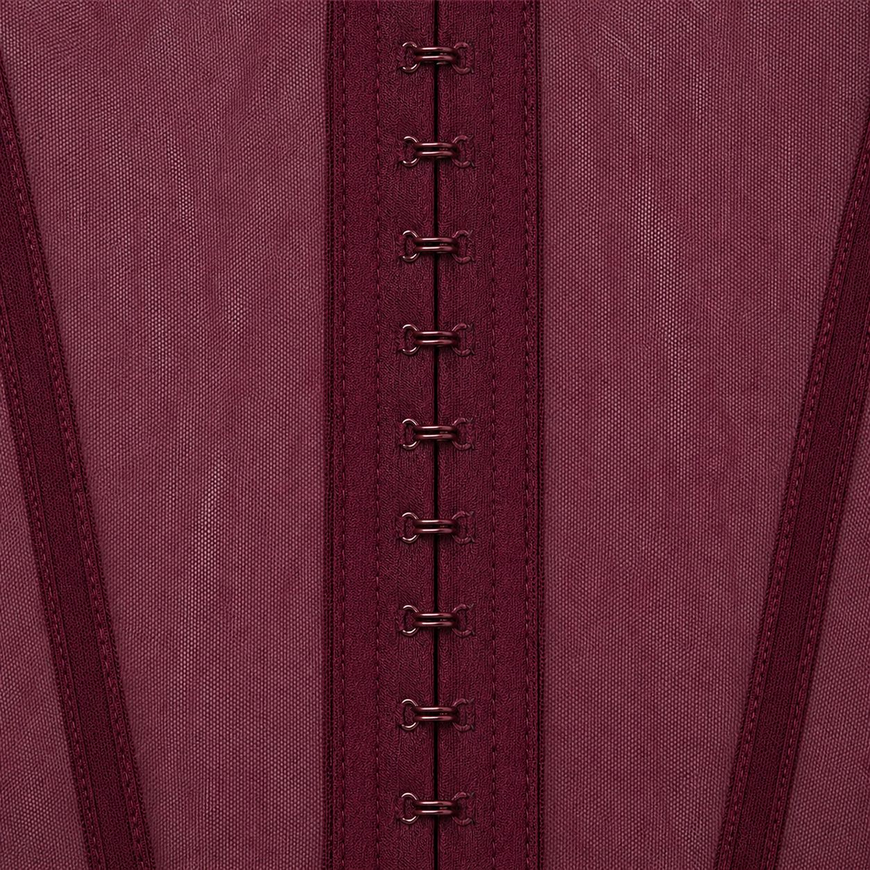 Macro of the Dahlia gown foundation closure - tonal hook-and-eye tape on corsetry mesh