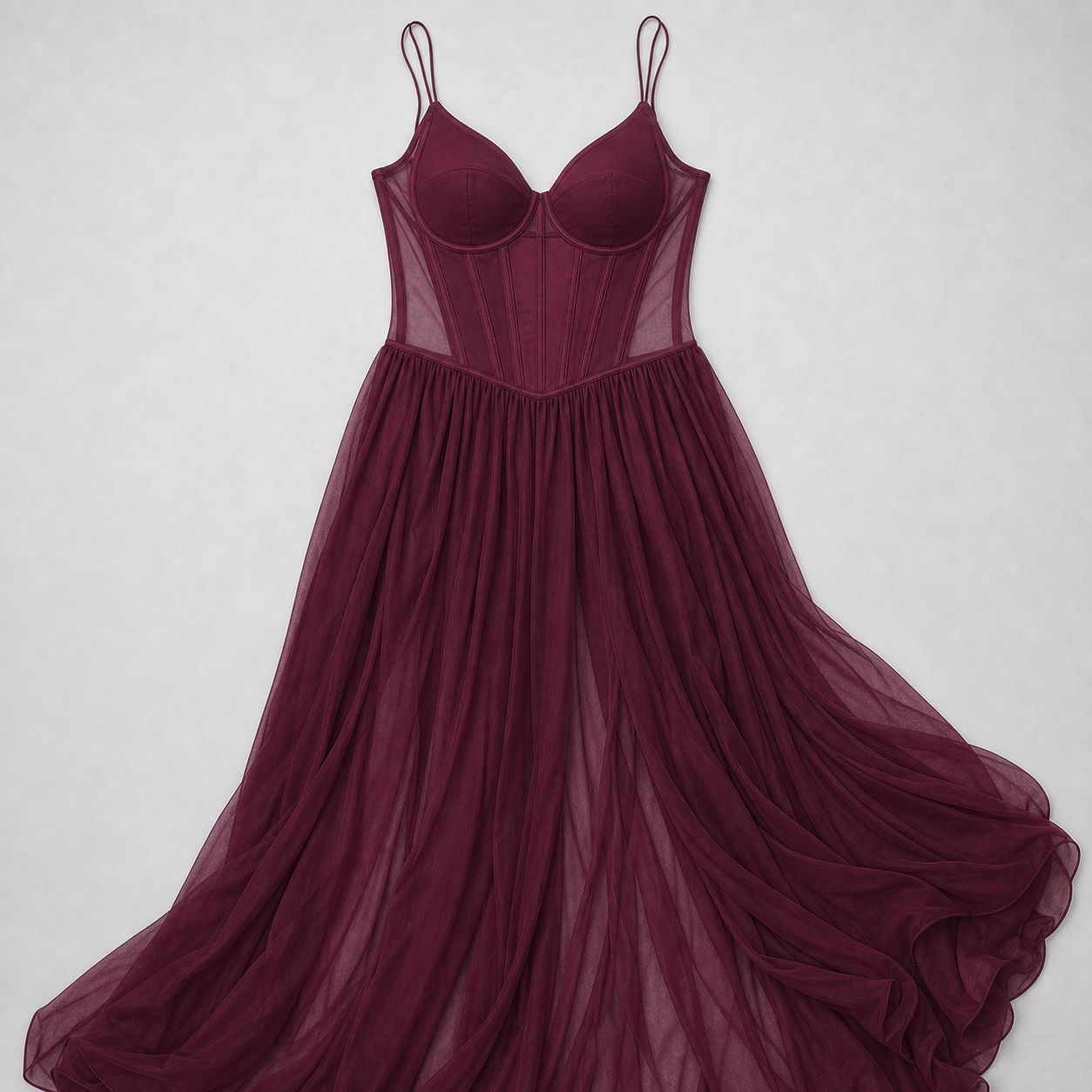 Inner corselette foundation of the Dahlia gown - smooth structured cups and basque waist before the pleated chiffon overlay