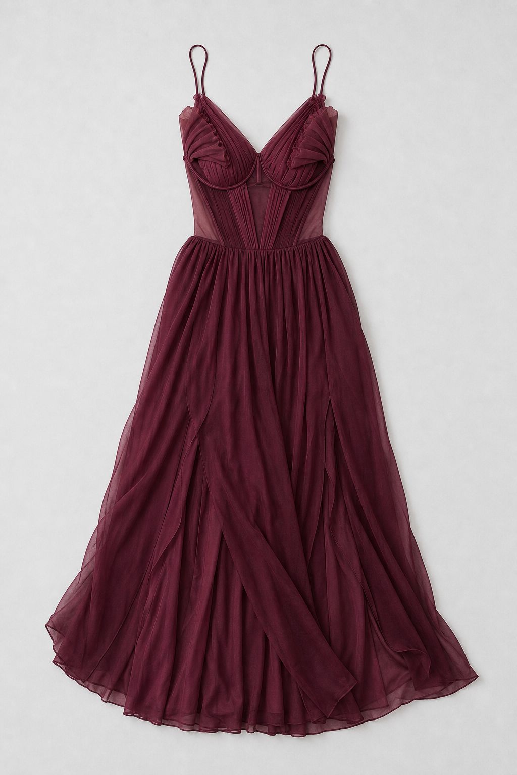 Dahlia flower-petal semi-sheer gown by Studio ATM for Nensi Dojaka - bordeaux silk chiffon corset gown with pleated petal cups, flat lay, front