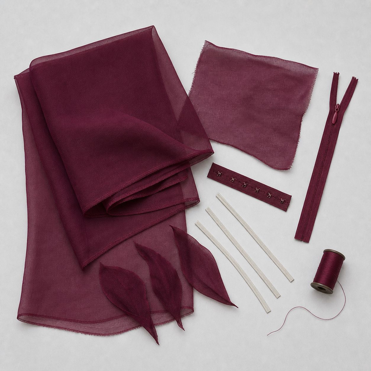 Component kit for the Dahlia gown - bordeaux silk chiffon yardage, corsetry mesh, hook-and-eye tape, synthetic whalebone, matched thread