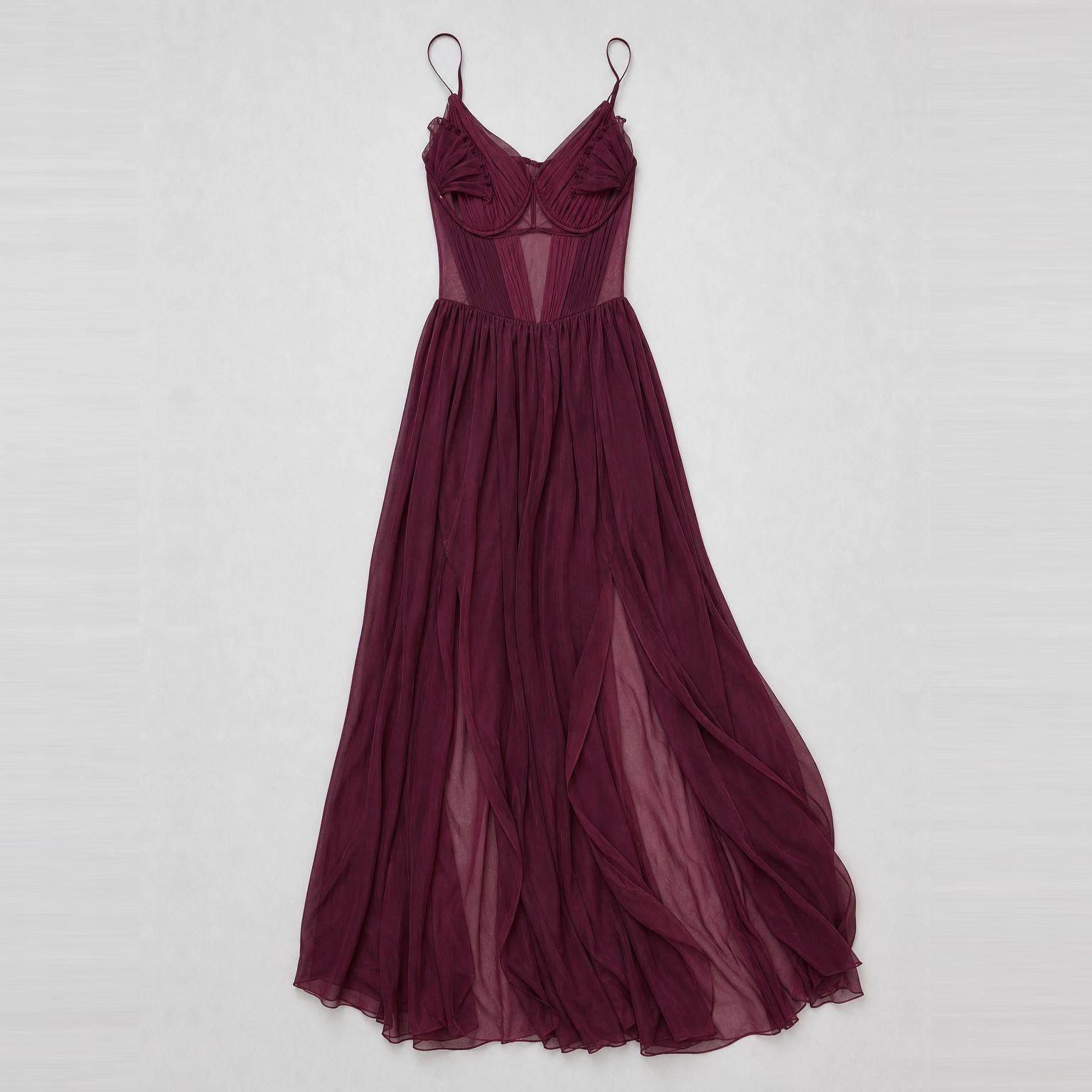 Nensi Dojaka Dahlia flower-petal semi-sheer gown by Studio ATM - bordeaux silk chiffon corset gown, gallery tile