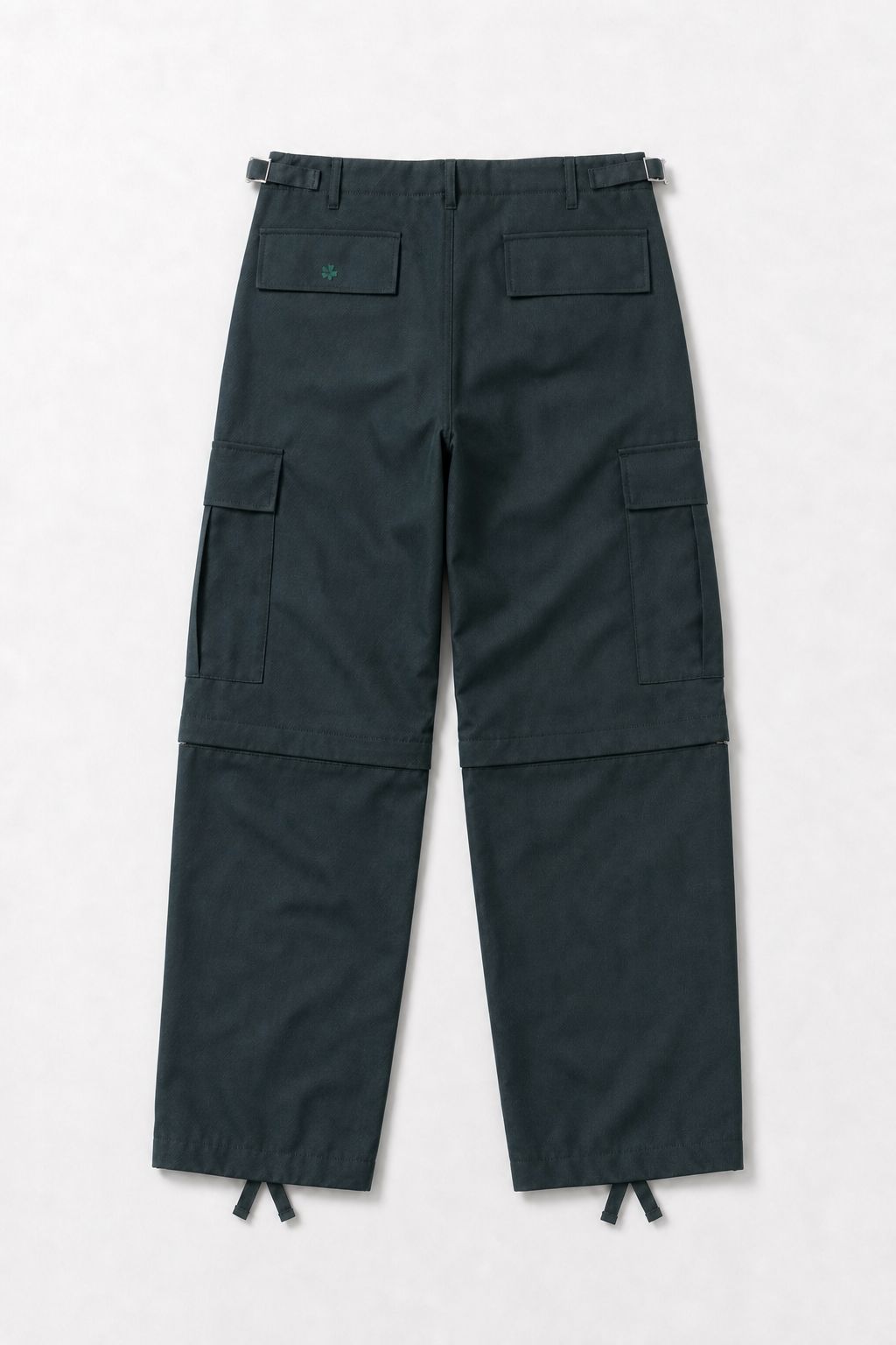 Back of the vowels Zip-Off Cargo Pants in Dark Forest - twin flap pockets with tonal kamon embroidery and silver side adjusters