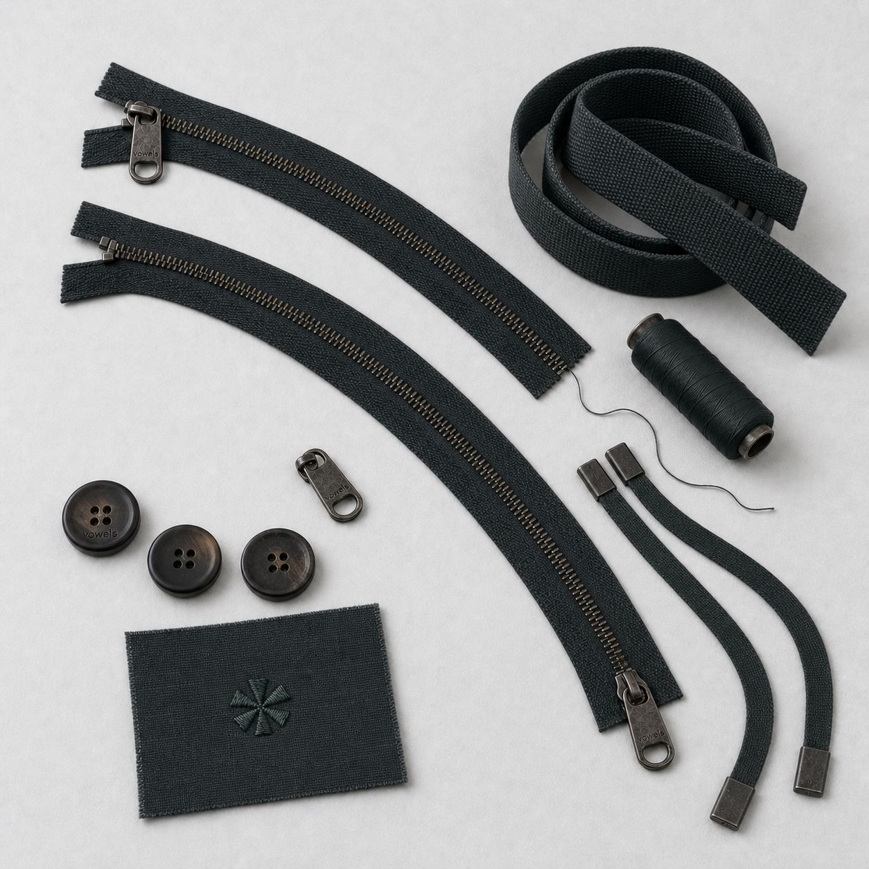 Trims and notions for the vowels Zip-Off Cargo Pants - buttons, side-adjuster hardware, conversion zips, tape and thread