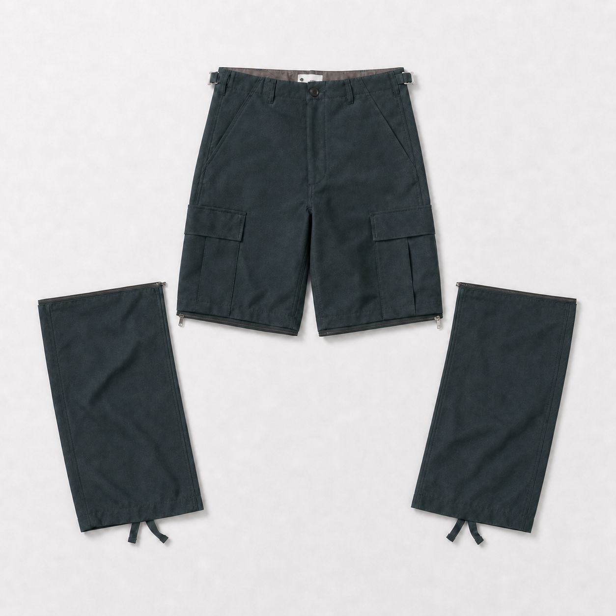 vowels Zip-Off Cargo Pants converted to shorts - both zip-off legs detached and laid alongside
