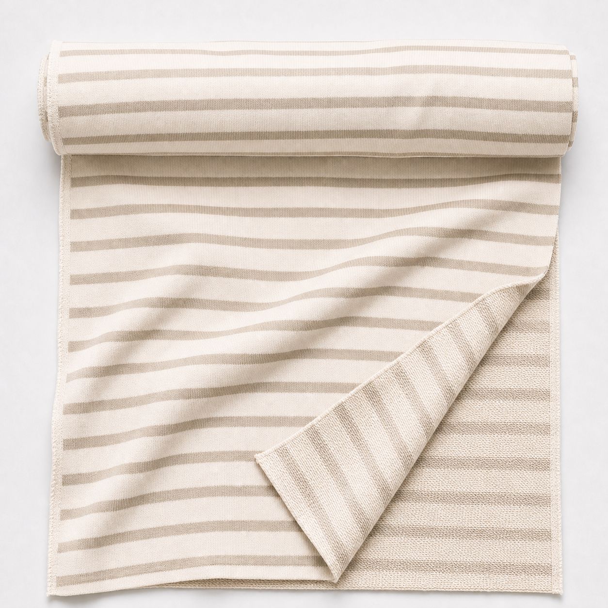 Bolt of low-contrast ecru and stone-beige striped cotton jersey before cutting.